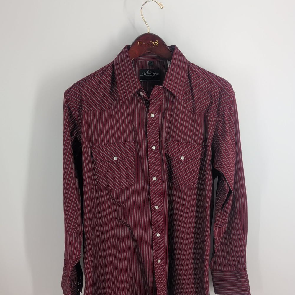 White Horse Pearl Snap Flap Pockets Western Classic Shirt Maroon Red Size L - Picture 2 of 9